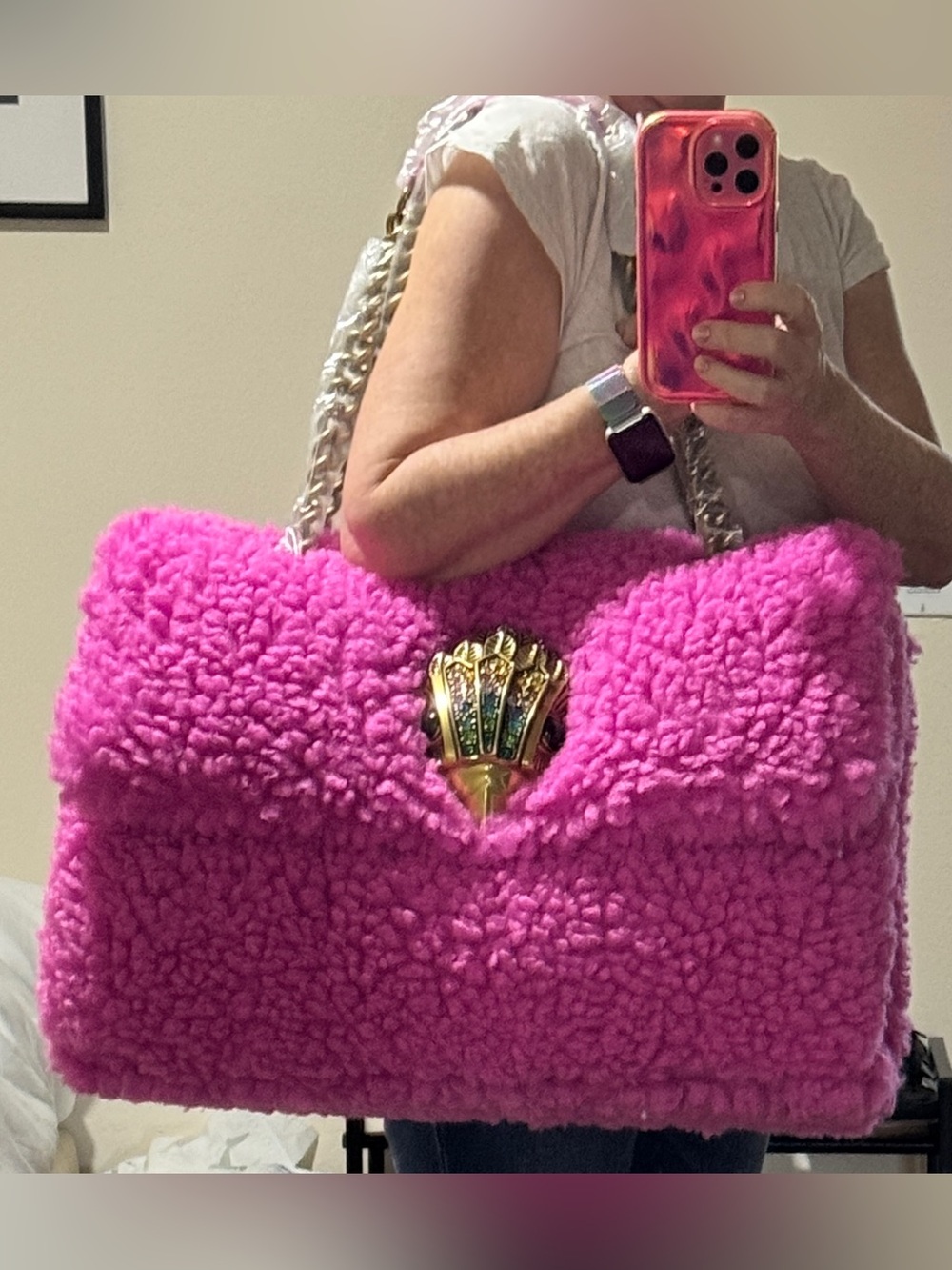 Kurt Geiger MACRO KENSINGTON BAG Pink Faux Shearling, Large!! NWT! - Picture 2 of 16
